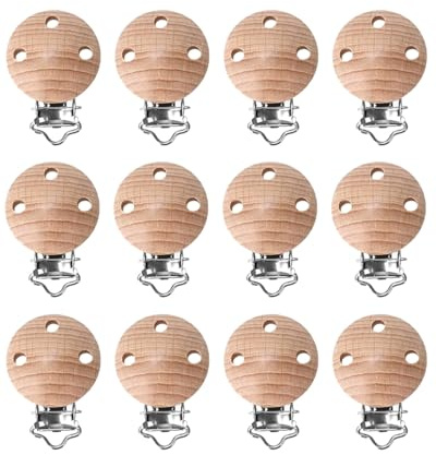 HUVZOR 12 Pezzi Ciuccio Clip di Legno per Bambino, Impedisce Cadere o Perdere il Ciuccio - Ideale Accessori Fai da Te per Ciuccio Catena Crafting e Sicurezza