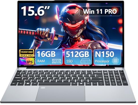 PC Portatile 15,6 Pollici,13th Gen N150 Processor,16GB RAM DDR4 512GB SSD, Win 11 Pro Notebook Tastiera Retroilluminata/Sblocco con Impronta Digitale, Webcam, USB 3.0, HDMI/Wi-Fi 5 Computer Portatile