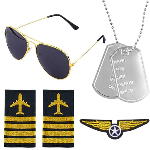 Vbxvsa Set di 4 accessori per costume da pilota, Captain Uniform distintivo con occhiali da pilota, ciondolo, accessorio per giochi di carnevale e Halloween