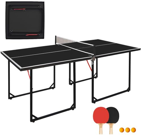 GYMFLEX Mesa de ping pong plegable, mesa de ping pong multifuncional, incluye red, 2 raquetas de ping pong y 3 pelotas con tablero negro y patas negras