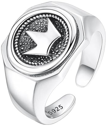 Enkel kronring i 925 sterlingsilver för män och kvinnor, justerbar stämplad stjärnkronring