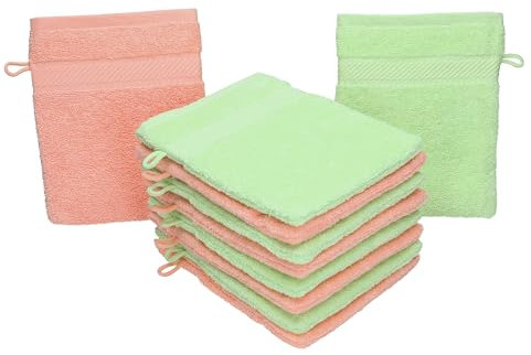 Betz Waschhandschuhe Palermo 10 Stück 16x21 cm – 100% Baumwolle 360g/m² – Weiche Frottee Waschlappen – Pflegeleicht & saugstark – Farbe Grün/Apricot