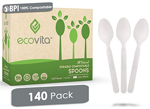 Ecovita 100% Compostable Spoons - 140 Large Disposable Utensils (6.3 in.) Eco Friendly Durable and Heat Resistant Alternative to Plastic Spoons with Convenient Tray