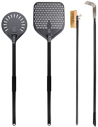 SHANGPEIXUAN Pizza Turning Peel 9 Inch Perforated Pizza Peel and Pizza Brush Ash Rake 4 Piece Wood Fired Commercial Pizza Oven Utensil Kit with 40-Inch Aluminum Handle