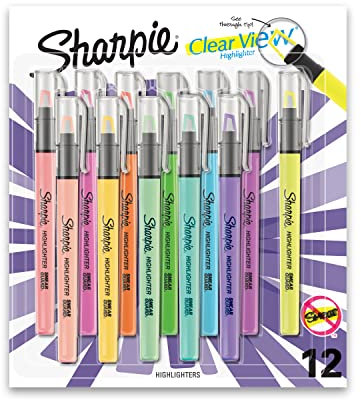 Sharpie Clear View Highlighter with See-Through Chisel Tip, Assorted, 12 Count