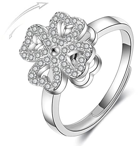 Anillo giratorio de trébol de cuatro hojas para ansiedad, chapado en plata de ley, anillo de flor de circonita cúbica, alivio del estrés, apilable, abierto, regalo de cumpleaños, hija, promesa de moda