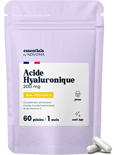 Acide Hyaluronique Pur, 60 Gélules Vegan, Action Anti-Âge + Anti-Rides, 800-900 kDa, Cure de 1 mois, Hydratation de la Peau, Avec Vitamine C, Fabriqué en France, Essentials by NOVOMA