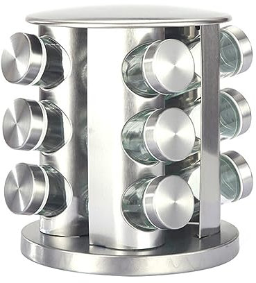 TQQEPOOL Rack Spezie Banco Girevole Organizzazione Stoccaggio dei Condimenti in Acciaio Inox, Torre Carosello Spezie per Cucina Set 12 Barattoli (Color : A, Size : 12 Jars)