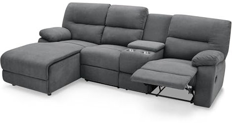 Home Detail Large Corner Sofa, Reclining L Shaped Sofa, Left Hand Facing, Upholstered Linen Fabric, Brown or Grey (Dark Grey Linen)