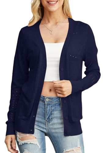 GRECERELLE Gilet Tricoté Cardigan pour Femmes Elégant Cardigan Léger et Fin d'été avec Boutons Plage Cover Up (Bleu Marin, L)