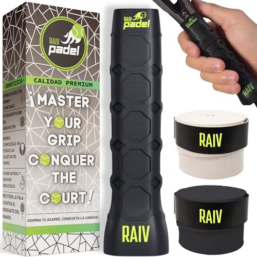Raiv Padel® Grip Padel Antivibraciones + 2 Overgrips + 3 Straps para facilitar su instalación | Padel Grip Octacore | Accesorios Padel Hombre y Mujer para Llevar tu Juego al Siguiente Nivel (Negro)