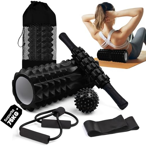 unycos - Set 5 en 1 de Rodillo【PVC/EVA】para Masaje Muscular | Foam Roller Soporta 75 kg, Palo y Bola de Masaje, Banda de Resistencia, Cuerda de Forma y Bolsa de Transporte (Negro)