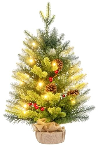 HOMCOM Árbol de Navidad 60 cm Árbol de Navidad Artificial Sobremesa con 20 Luces LED 141 Ramas 5 Piñas 5 Racimos de Bayas Rojas y Soporte de Metal Árbol Navideño para Interior Verde