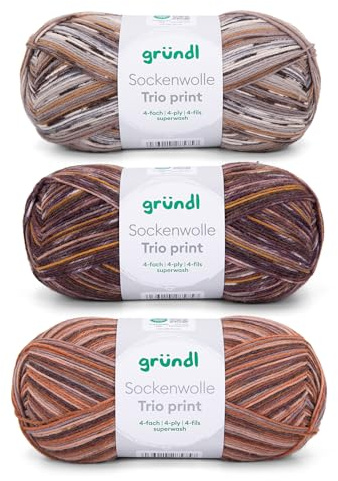 Gründl Wolle Sockenwolle Trio - Strickgarn für 3 Paar Socken - Strapazierfähig und hautfreundlich - 75% Schurwolle, 25% Polyamid - 3 Knäuel 100 g / 420 m - Nadelstärke 2,5-3 - braun senf grau