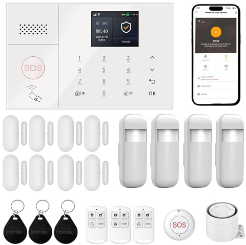 RenseCum Système d'alarme Domestique Wi-FI écran Tactile, Commande par Application, kit sécurité 13 Composants avec détecteur de Mouvement, capteur de Porte, télécommande et sirène (21kit)