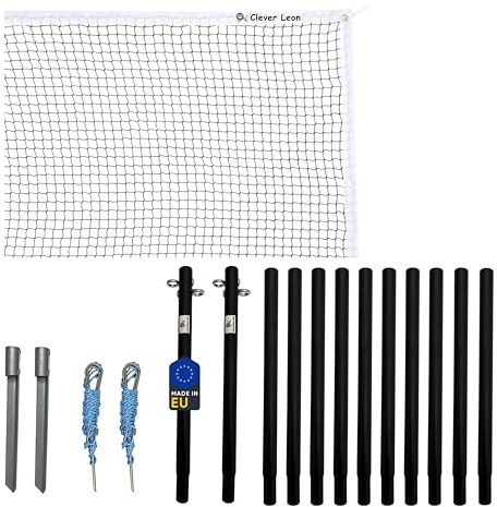 Clever Leon Kit de Filet de Volley de Plage - Badminton - Tennis - 6,5 x 0,75 m - 12 Poteaux de Filet en Acier - Kit de Fixation - Noir