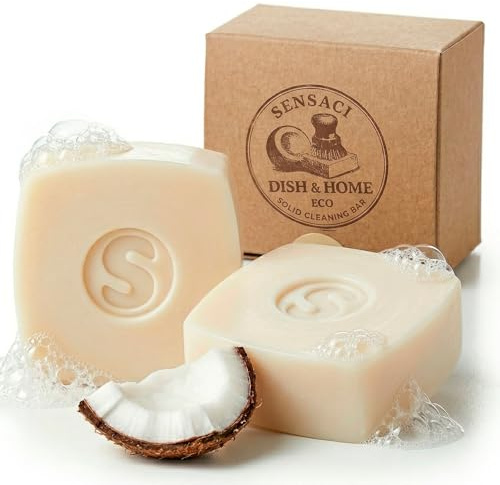 SENSACI Jabón Sólido Natural y Artesanal para Vajilla y Hogar - Desengrasante Multiusos con Aceite de Coco - Limpiador Ecológico, Cero Plásticos y Zero Waste - Pack 2 (280g)