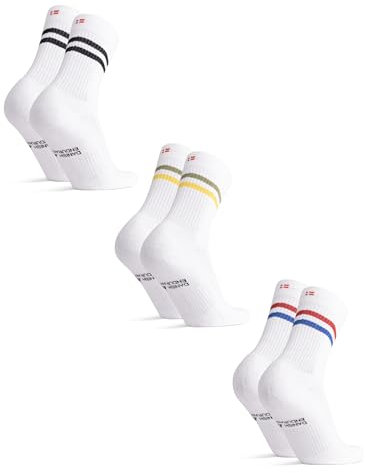 DANISH ENDURANCE Tennis Crew Socks, Cotton Sports Socks, Cushioned for the Gym, for Men & Women, 3 or 6 Pack, White Multicolor (1x Black Stripes, 1x GreenYellow Stripes, 1x RedBlue Stripes), 39-42