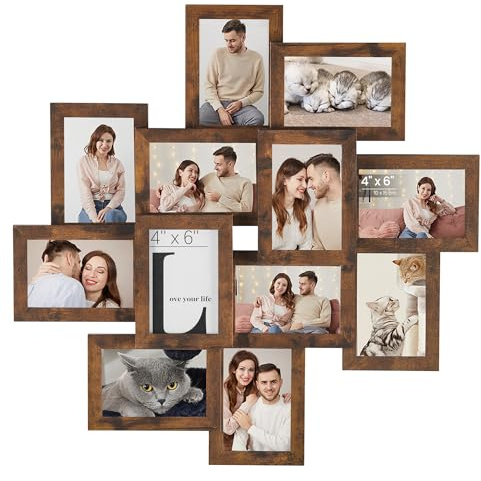 SONGMICS 4x6 Picture Frames Collage Wall Decor, 12-Pack Photo Collage Frame, Multi Picture Frame Set with Glass Front, Assembly Required, Rustic Brown URPF022X01