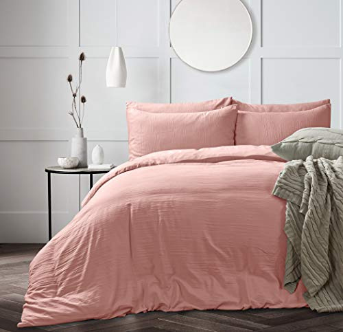 WASHED LINEN Look Bedding DUVET COVER SET WITH PILLOW CASE Soft Touch Plain Brushed Microfiber Quilt Cover Bed Set (Blush Pink, Double)