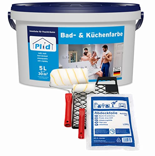 Plid® Bad und Küchenfarbe weiß [STARKER SCHIMMELSCHUTZ] - Innen Weiß für alle Wände für Feuchträume & Badezimmer - Made in Germany (5l - Set)