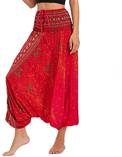 Nuofengkudu Dam, thai, bomull, haremsbyxor, boho, mönster, overall, hög midja, lös färgglad bandeau jumpsuit, hippie, lätt luftiga yogabyxor, strandbyxor, En Storlek