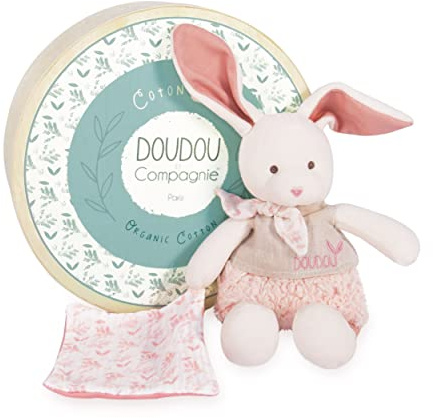 DOUDOU ET COMPAGNIE - Peluche Lapin 100% Coton - 22 cm - Collection Botanic Bio - Rose - Délicat Sensoriel Boîte Cadeau - Idée Cadeau Naissance Filles Garçons - Doudou Éveil de l'Enfant - DC3961