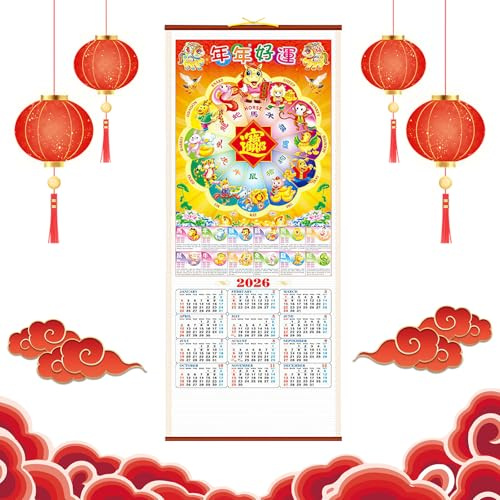 Calendario di Capodanno Cinese 2026 Anno di Cavallo Capodanno Calendario da Parete Cinesi 年年好運 Calendar Scorrimento Calendario Lunare Cinese Calendar Mensile per Casa Ufficio Pianificazione