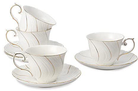 Agyiuns tea cups and saucers ceramic coffee mug 6oz for Coffee, Latte, Cafe Mocha and Tea-Set of 4, White