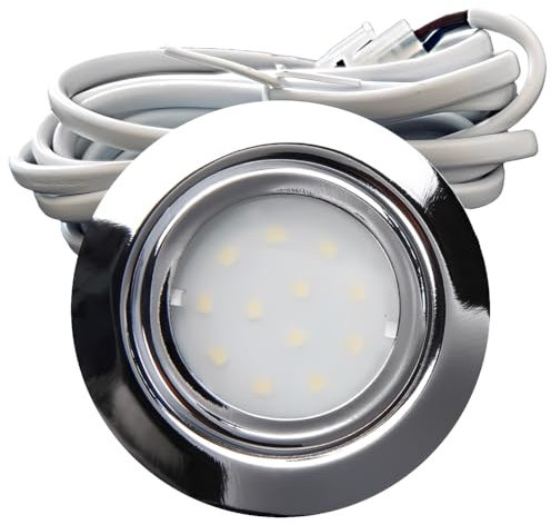 Rolux LED Möbeleinbauleuchte Leni 2W Warmweiß 3000K | 1 Stück Flache Einbau-Leuchte Ø72mm Chrom für Küche, Schränke, Wohnbereich | 12V DC, IP44, AMP-Stecker, Nicht Dimmbar, Montage ohne Schrauben