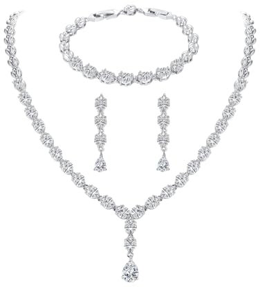 Toplstud Schmuckset Damen, Hochzeit Silber Halskette Ohrringe Armbänder Schmuckset mit Zirkonia, Hypoallergene Silber Brautschmuck set Geschenke für Braut Frauen (Weiß)