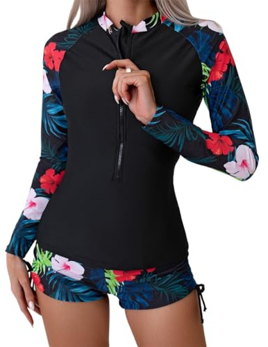 Owntop Maillot de bain 2 pièces à manches longues pour femme, maillot de bain anti-UV UPF 50+, gilet rashguard à fermeture éclair, maillot de bain floral avec bas taille haute, pour la natation et le