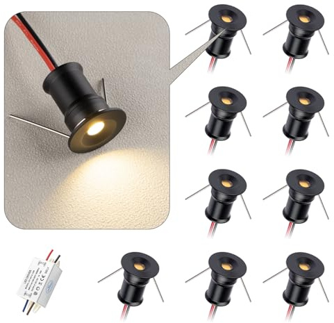 HHTUN 902 120°LED mini-spotlight, DC12V 1W, 80Ra, 75lm, liten storlek, inbyggd installation, lämplig för skåpbelysning som vinskåp, skoskåp etc., med strömförsörjning(6000K,Black,9Pack)