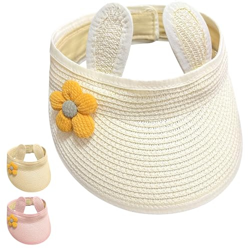 Yaopelky Baby flickor rulla upp halm barnhatt söt blomma öppen visir hatt sommar strand solskydd justerbar keps för 6M-2Y, Vit, 6-2 años