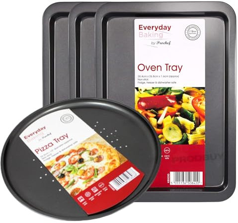 Pro Chef Baking Tray Set of 3 & Non Stick Pizza Tray Bundle | Trays Suitable for Oven Baking | Medium Oven Trays & 32cm / 12.5 Pizza Tray