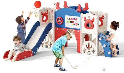Krovtoy Scivolo per bambini 7 in 1, scivolo per bambini a tema alce natalizio con set da golf, scivolo da 1 a 3 anni (Alce -Rosso e blu 7 in1)