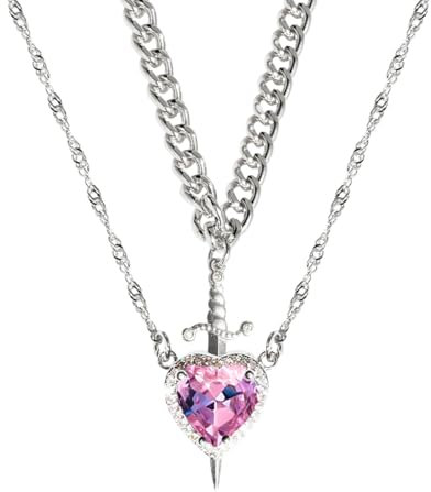 Yamobi Collana con spada a cuore, ciondolo a forma di spada e cuore in acciaio inox, unisex, 47 cm, zirconi, 2 pezzi