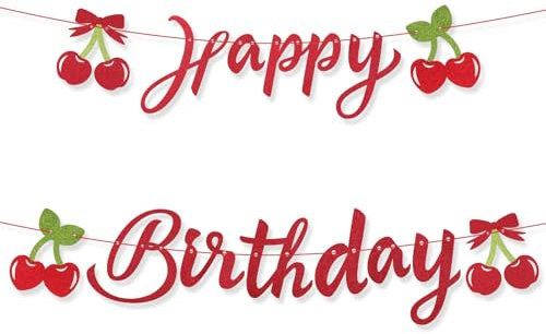 BOXOB Striscione Happy Birthday Tema Ciliegia, Decorazioni Fruttate Dolci Divertenti Tema Glitter Happy Birthday per Feste Baby Shower Bomboniere Nuziali