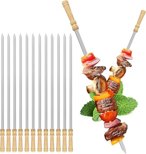 12 Piezas Brochetas Planas para Barbacoa de Acero Inoxidable con Mango de Madera, Pinchos para Barbacoa Reutilizables y Resistentes, Ideal para Parrilla, Pinchitos, Pinchos Morunos y BBQ, 50cm