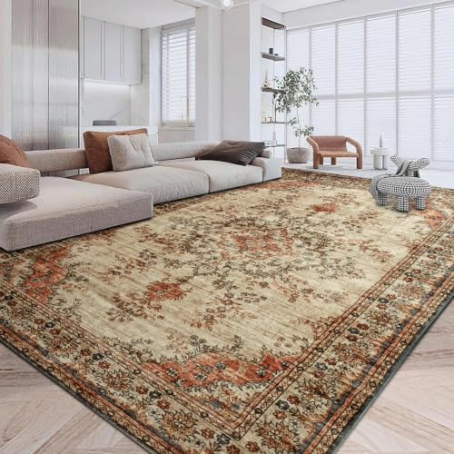 Imperial Rooms Beige Rugs Living Room Extra Large 240 x 340 Short Pile Area Rugs for Bedroom Machine Washable Non Slip Carpet for Kids Room Soft Vintage Design Boho Rug, Timeless