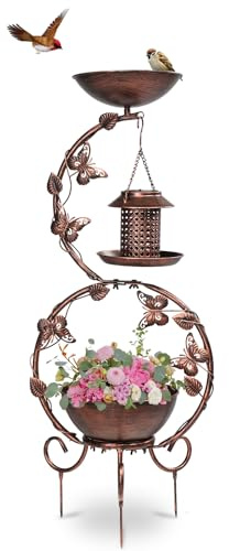 Bonnlo Bird Bath with Solar Light, Bird Bath Bowl for Garden, with Planter Base, Metal Decoration for Lawn, 95cm Height, Antique Bronze