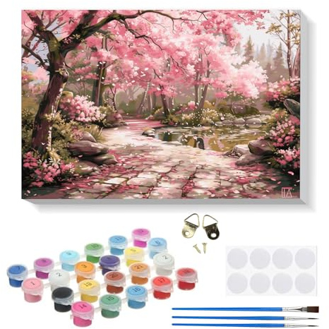 RICUVED Flor de cerezo Pintura por Números 20x30cm para Adultos y Niños con Marco de Madera -Paisaje Kit Completo con Pinceles, Pinturas y Lienzo para Decoración de Pared y Regalo Creativo