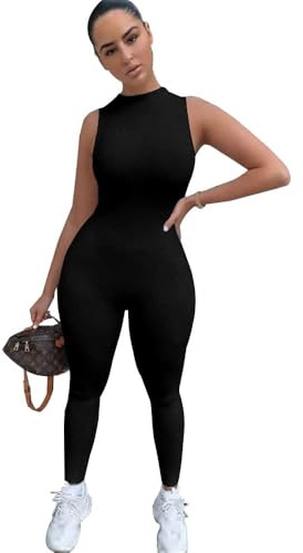 XFSRG Jumpsuit Donna Tutina senza Maniche Collo Alto Tuta Estiva Aderente Completo Lungo Sportivo Tutina Elegante Body Pantaloni Intera Sportiva per Fitness Yoga Casual S