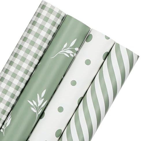 4 Rolls Gift Wrapping Paper, 43cm x 3m Sage Green Birthday Wrapping Paper for Baby Shower Birthday Wedding Graduation