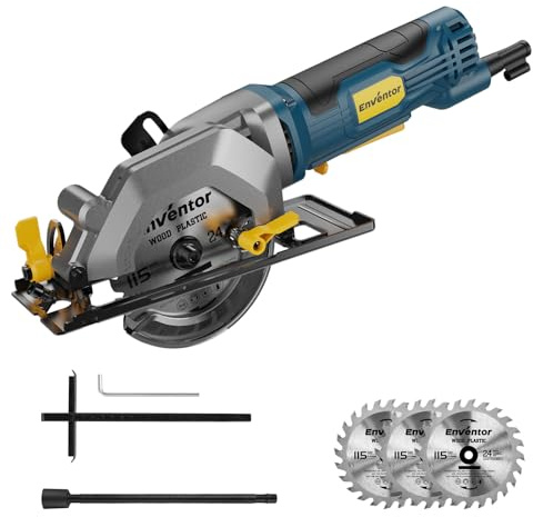 Enventor Mini Sega Circolare Portatile, 580W e 115mm con guida, 4000RPM, profondità di taglio 43mm (90°), 29mm (45°), 3 lame, ideale per legno, cartongesso, plastica, PVC