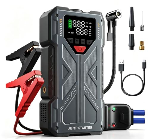 Car Battery Booster Jump Starter with Air Compressor, 8000A 150PSI Jump Starter Power Pack & Tyre Inflator(All Petrol/10L Diesel/Hybrid), 12V Car Jump Starter Power Bank with Jump Leads, 500LM Light