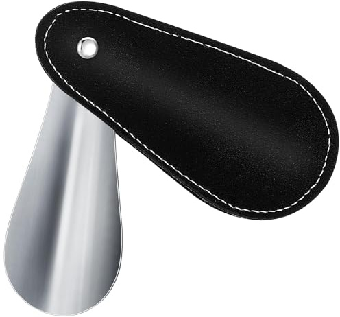 Ymapinc Small Shoe Horn, 3.5 Inch Metal Travel Shoehorn, Mini Shoehorn for Men, Stainless Steel Shoehorns for Men/Women, Portable Shoe Spoon with Leather Case (Black)