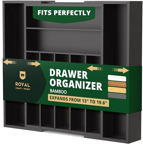 ROYAL CRAFT WOOD Luxury Bamboo Kitchen Drawer Organizer - Silverware Organizer - Utensil Holder and Cutlery Tray with Grooved Drawer Dividers for Flatware and Kitchen Utensils (Black)