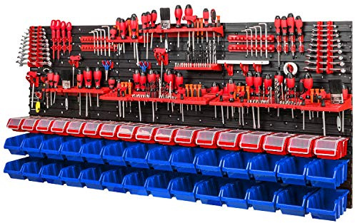 Werkzeugwand Lagersystem - 1728 x 780 mm - Lochwand SET mit Werkzeughaltern und Stapelboxen mit Deckel - Wandregal Werkstattregal Schüttenregal Sichtlagerkästen (Blau/Rot)