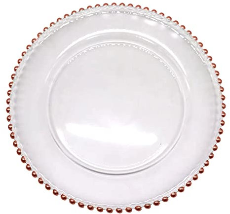 Trimming Shop 33cm Clear Charger Plate with Rose Gold Beads Rim – Elegant Glass for Weddings, Parties & Home Décor - Decorative Rose Gold Glass Charger Plates, Pack of 1